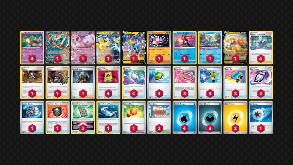 Pokémon (12)
4 Comfey LOR 79
1 Roaring Moon ex PAR 124
1 Mew ex MEW 151
1 Iron Hands ex PAR 70
1 Raikou V BRS 48
1 Minior PAR 99
1 Radiant Greninja ASR 46
1 Cramorant LOR 50
1 Dragonite V PR-SW 154

Trainer (38)
4 Colress's Experiment LOR 155
1 Roxanne ASR 150
1 Raihan CRZ 140
1 Boss's Orders PAL 172
4 Battle VIP Pass FST 225
4 Mirage Gate LOR 163
4 Nest Ball SVI 181
3 Escape Rope BST 125
3 Super Rod PAL 188
3 Switch Cart ASR 154
2 Lost Vacuum CRZ 135
1 Counter Catcher PAR 160
1 Hisuian Heavy Ball ASR 146
2 Forest Seal Stone SIT 156
1 Supereffective Glasses ASR 152
1 Bravery Charm PAL 173
2 Town Store OBF 196

Energy (10)
4 Water Energy 3
3 Darkness Energy 7
2 Lightning Energy 4
1 Jet Energy PAL 190