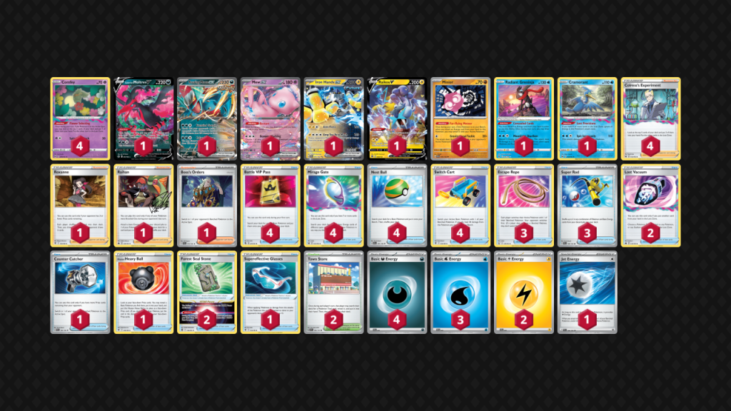 Pokémon (12)
4 Comfey LOR 79
1 Galarian Moltres V CRE 97
1 Roaring Moon ex PAR 124
1 Mew ex MEW 151
1 Iron Hands ex PAR 70
1 Raikou V BRS 48
1 Minior PAR 99
1 Radiant Greninja ASR 46
1 Cramorant LOR 50

Trainer (38)
4 Colress's Experiment LOR 155
1 Roxanne ASR 150
1 Raihan CRZ 140
1 Boss's Orders PAL 172
4 Battle VIP Pass FST 225
4 Mirage Gate LOR 163
4 Nest Ball SVI 181
4 Switch Cart ASR 154
3 Escape Rope BST 125
3 Super Rod PAL 188
2 Lost Vacuum CRZ 135
1 Counter Catcher PAR 160
1 Hisuian Heavy Ball ASR 146
2 Forest Seal Stone SIT 156
1 Supereffective Glasses ASR 152
2 Town Store OBF 196

Energy (10)
4 Darkness Energy 7
3 Water Energy 3
2 Lightning Energy 4
1 Jet Energy PAL 190